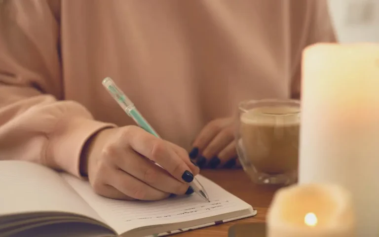 Kobieta z kawą i przy świecach zapisująca notatki przygotowujące do speed dating
