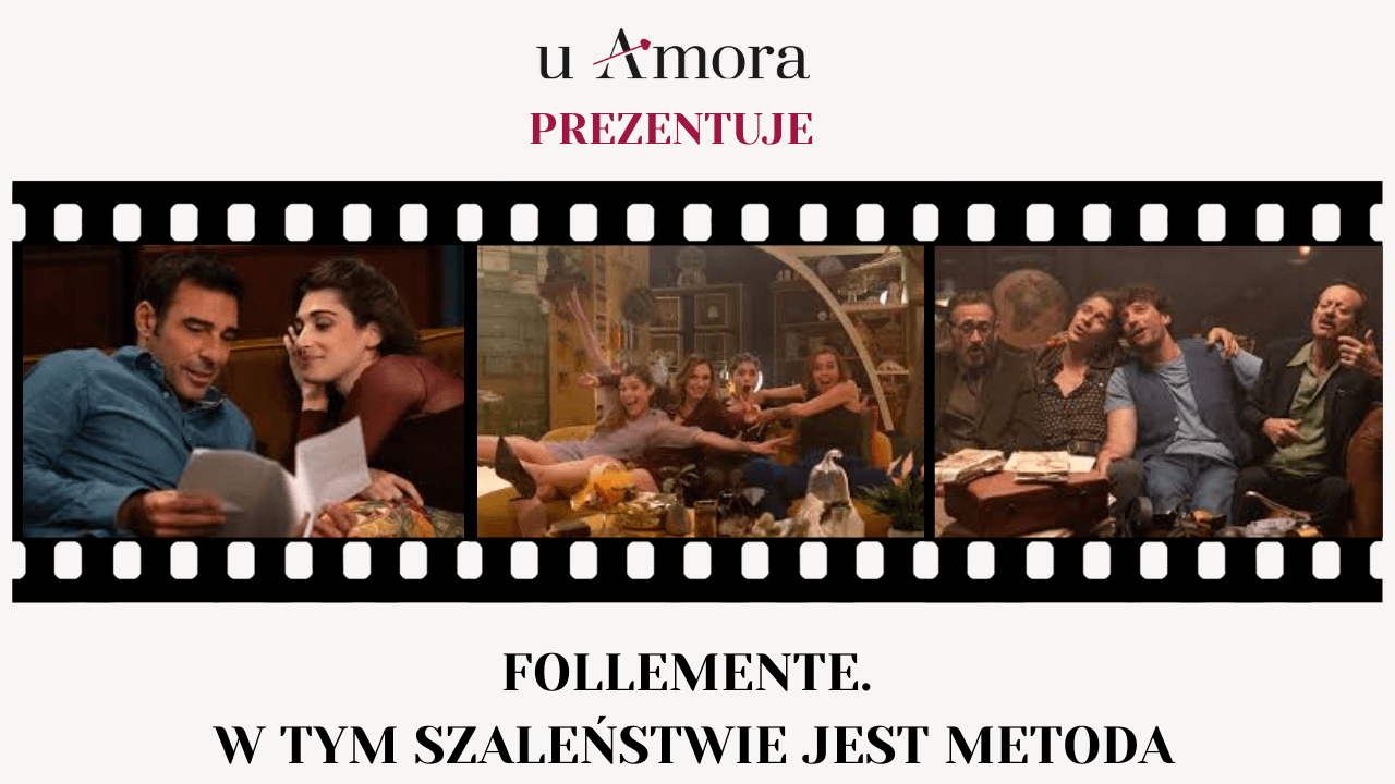 Zdjęcie przedstawia rolkę filmową z trzema kadrami z filmu, w ciemnej kolorystyce. Na kadrach są odpowiednio para kobiety i mężczyzny siedzących blisko siebie, kilka kobiet i kilku mężczyzn w jednym pomieszczeniu. Kadry są z filmu Follemente. W tym szaleństwie jest metoda.