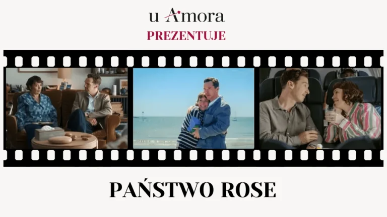 Zdjęcie przedstawia rolkę filmową z trzema kadrami z filmu, w kolorowej kolorystyce. Na kadrach są odpowiednio para kobieta i mężczyzna siedzących na kanapie, na drugim kadrze blisko przytuleni do siebie, na ostatnim obok w samolocie. Kadry pochodzą z filmu Państwo Rose.